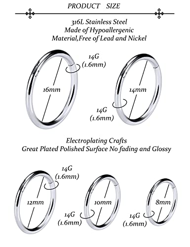 Vsnnsns 14G 16G Septum Nose Rings Hoops Lip Ring Piercing Jewelry 316L Surgical Steel Hinged Segment Clicker Cartilage Tragus Helix Conch Rook Daith Lobe Earrings Hoops Piercing Jewelry for Women Men - color: 14G-Silver