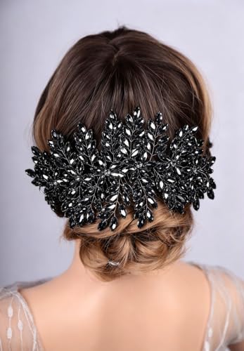 Bridal Rhinestone Hair Comb Large Rhienstone Wedding Headpiece Handmade Crystal Hair Comb for Bride Wedding Hair Accessories for Women (black) - color: black