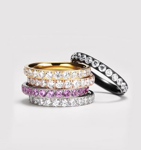 TIGRADE 3mm Women Titanium Engagement Ring Cubic Zirconia Eternity Wedding Band Size 3-13.5 - color: Purple-Pink