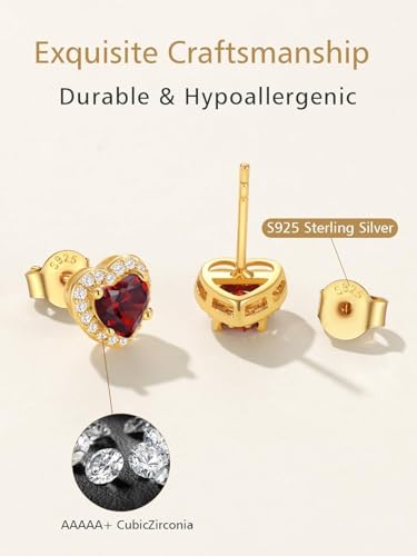 FindChic Birthstone Earrings for Women, Round/Heart/Square/Teardrop Earrings with 925 Sterling Silver Posts & Push Backs, Hypoallergenic Studs with Cubic Zirconia, 12 Months Jewelry with Gift Box - style: 01. January-Garnet (Heart-Gold)