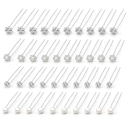 40 Pcs Silver Rhinestone Pearl Hair Pins for Women - U-Shaped Decorative Flower Diamond Hair Accessories, Perfect for Wedding, Prom, Brides, Bridesmaids & Daily Wear
