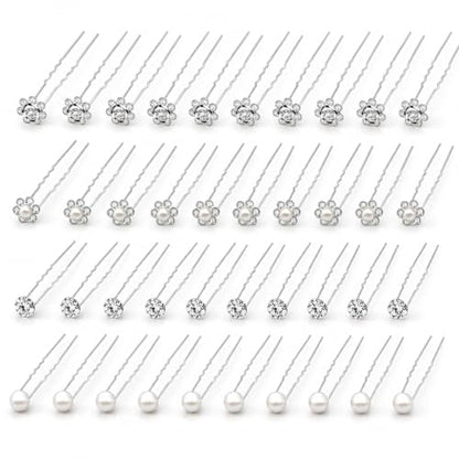 40 Pcs Silver Rhinestone Pearl Hair Pins for Women - U-Shaped Decorative Flower Diamond Hair Accessories, Perfect for Wedding, Prom, Brides, Bridesmaids & Daily Wear