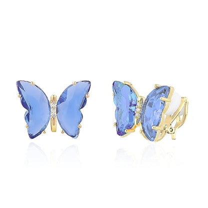 YOQUCOL Butterfly Shape Crystal Clip On Earrings Non Pierced Golden Stud for Women - color: Blue