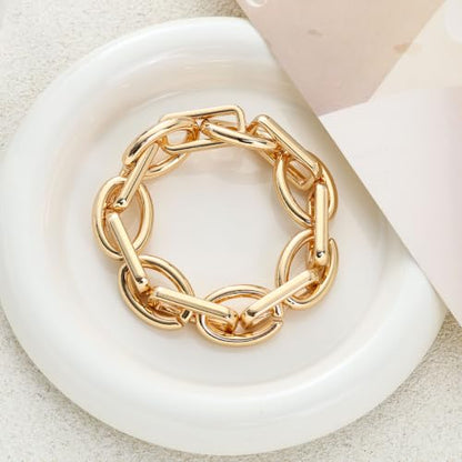 Chunky Gold Bracelet for Women Non Tarnish, Trendy Stretch Cuban Link Chain Plated Gold Bangle Bracelets - color: O-F-Gold