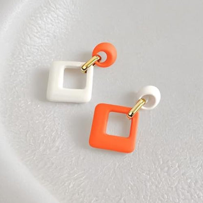 70s 80s Vintage Resin Neon Square Dangle Drop Earrings Simplicity Acrylic Hollow Round Circle Geometry Stud Earrings for Women - style: Orange White