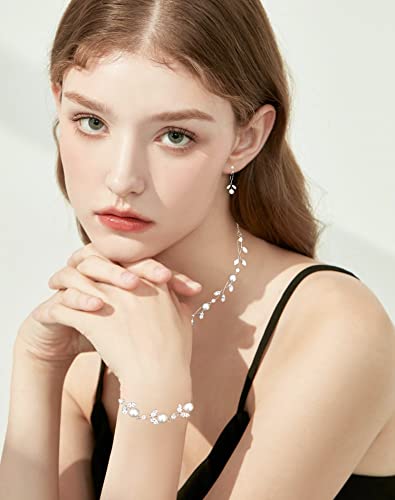 Luxury Cubic Zirconia Aurtrian Crystal Pearl Floral Necklace Dangle Earrings Wedding Bridal Jewelry Set Birthday Gifts for Her - color: Style2-Clear-Silver Plated