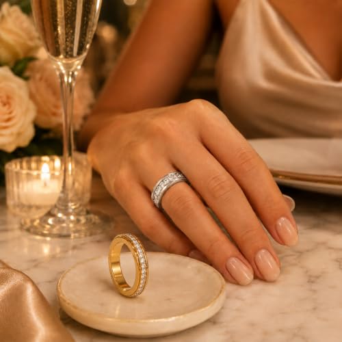 Spinning Fidget Rings for Women, Ultra Quiet Rhinestone Spinner Ring for Stress and Anxiety Relief, Everyday Matching Couple Rings, 2Pcs Gold and Silver Hypoallergenic 304 Stainless Steel, Size 8
