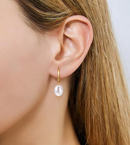 G23 Titanium Pearl Gold Drop Dangle Small Huggie Hoop Earrings for Women | F136 Implant Grade Pure Titanium for Sensitive Ears，Waterproof and Non Tarnish (A-14K Gold Plated) - color: 1A-14K Gold Plated