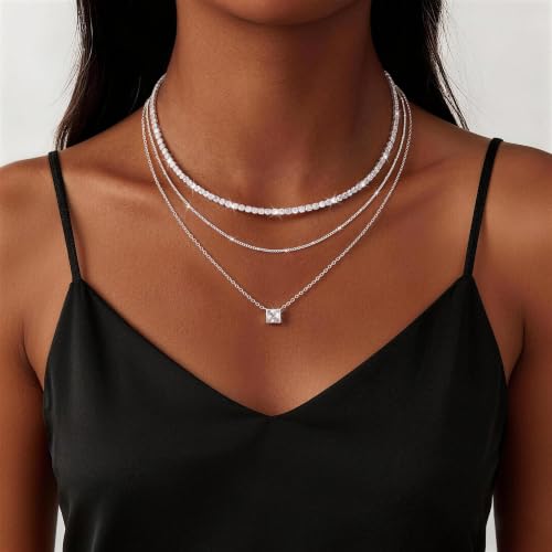 CHESKY Layered Silver Necklace for Women Trendy,Dainty Silver Plated Stackable Charm Necklace Layering Paperclip Tennis Rope Chain CZ Pendant Jewelry Set Gifts - style: tennis