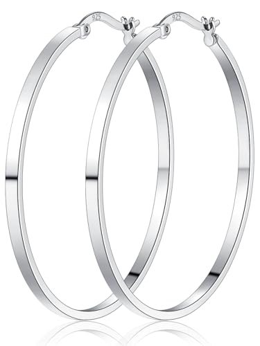 RoseJeopal 925 Sterling Silver Flat Hoop Earrings for Women 20/30/40/50MM | 14K White Gold Plated, Hypoallergenic, Lightweight, Flat Hoop, Jewelry Gift - color: Silver-50MM