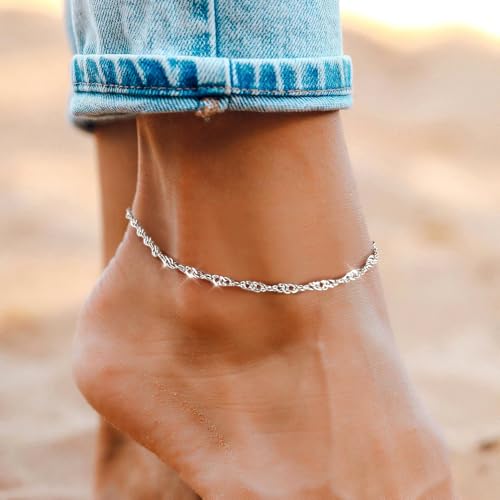 Gold Anklet Silver Ankle Bracelets for Women, 14k Gold Plated Anklets for Women Waterproof Adjustable Hypoallergenic Cute Dainty Simple Twist Chain Anklet Trendy Foot Jewelry Gift