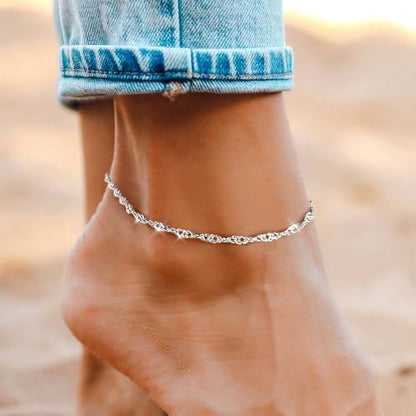 Gold Anklet Silver Ankle Bracelets for Women, 14k Gold Plated Anklets for Women Waterproof Adjustable Hypoallergenic Cute Dainty Simple Twist Chain Anklet Trendy Foot Jewelry Gift