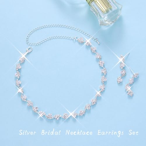 Bride Silver Necklace Earrings Set Crystal Bridal Wedding Jewelry Set Rhinestone Choker Necklace for Women and Brides - color: Silver