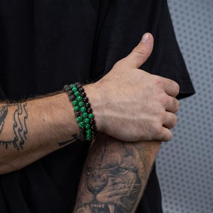 Mens Bead Bracelet Set - Adjustable Elastic Rope With 6&8MM Natural Stone Multi-Colored Beads - Tiger Eye Bracelets for Men - Gift - style: 3,green,black bracelet