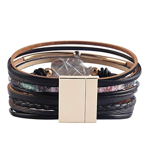 GelConnie Leather Cuff Bracelet Baroque Pearl Wrap Bracelet Gorgeous Gold Tube Bangle Boho Bracelet Bohemian Wristband Jewelry Gift for Women Wife - color: Girls Leather Bracelet-Black