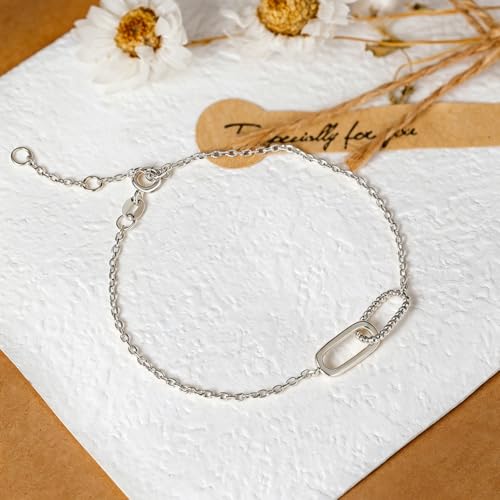 Dainty Lucky Four Leaf Clover Bracelets for Women, Trendy 14K Gold Plated Hypoallergeni Cubic Zirconia Bracelets Cute Paperclip Interlocking Adjustable Chain - color: Silver Paperclip Bracelet