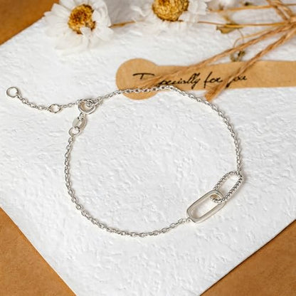 Dainty Lucky Four Leaf Clover Bracelets for Women, Trendy 14K Gold Plated Hypoallergeni Cubic Zirconia Bracelets Cute Paperclip Interlocking Adjustable Chain - color: Silver Paperclip Bracelet