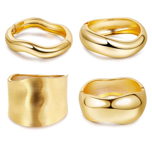 Chunky Gold Bangles Bracelets for Women, 14k Gold Plated Hinged Big Stackable Bangles Set, Trendy Wide Statement Cuff Bracelets Stack Fashion Jewelry Gifts - color: Gold-4pcs-Styles-2