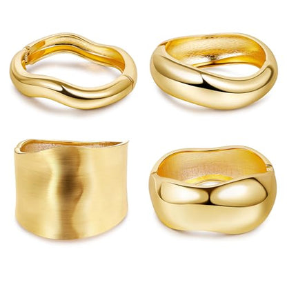 Chunky Gold Bangles Bracelets for Women, 14k Gold Plated Hinged Big Stackable Bangles Set, Trendy Wide Statement Cuff Bracelets Stack Fashion Jewelry Gifts - color: Gold-4pcs-Styles-2