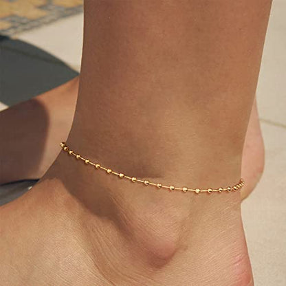 MEVECCO Anklet for Women Gold Chain 14K Gold Plated Dainty Boho Beach Summer Simple Foot Jewelry Ankle Bracelet - style: Ball Small