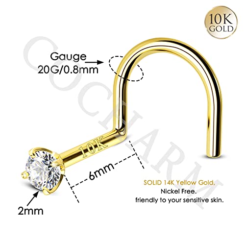 COCHARM 10k Solid Gold Clear CZ Nose Stud 20g 10K Yellow Gold Nose Screw Nose Rings Hypoallergenic S Shape Nose Piercing For Women Men - color: Clear
