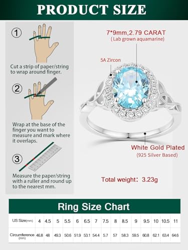 2-3 Carat Oval Engagement Ring 925 Silver Celtic Knot Birthstone Rings for Women Hypoallergenic Amehtyst/Aquamarine/Emerald/Ruby/Sapphire Cocktail Rings Jewelry Size 6-10 - color: B. Aquamarine