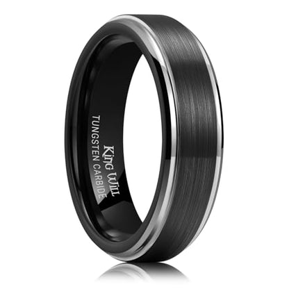 King Will Mens Brushed Wedding Band, Two Tone Matte Step Edges/Pipe Cut, Tungsten Carbide Anniversary Promise Rings Comfort Fit - color: Black&Silver Edge-6mm