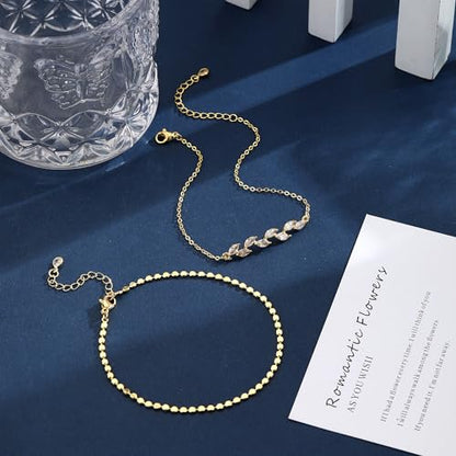 CAROVO Gold Ankle Bracelets for Women Waterproof,14K Gold Plated Bead Leaf Heart Dot Satellite Chain Layered Anklets Non Tarnish Summer Beach Jewelry Gift for Women - style: C: Dot&Leaf