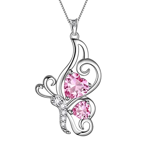 Butterfly Heart Necklace Birthstone Pendant Necklace Earrings Bracelet Women 925 Sterling Silver Animal Butterflies Birthstone Pendant Crystal Birthday Jewelry Wedding Gift - color: J.October-necklace