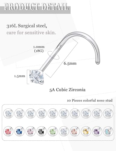 18G 20G 22G Round Cubic Zirconia Nose Rings Studs for Women Men 316L Stainless Surgical Steel Nose Ring Stud Piercing Jewelry Silver Clear CZ 1.5mm 2mm 3mm - style: 18G Screw Silver CZ 1.5mm