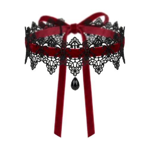 Gothic Lace Choker Necklace for Women Vintage Y2K Black Red Velvet Ribbon Tie Back Chokers Vampire Cosplay Jewelry Accessories (Red)