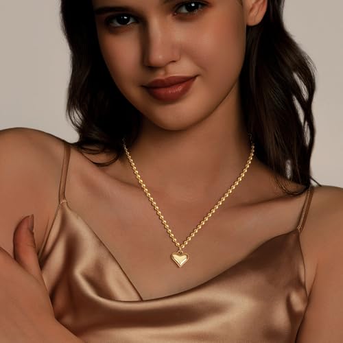 HERIER Cute Heart Necklace Dainty 18k Gold Plated Tiny Heart Pendant Choker Necklaces Small Gold Love Open Heart Chain Necklace for Women Simple Gold Necklace for Women Trendy Jewelry - color: Beaded Chain Heart-Gold
