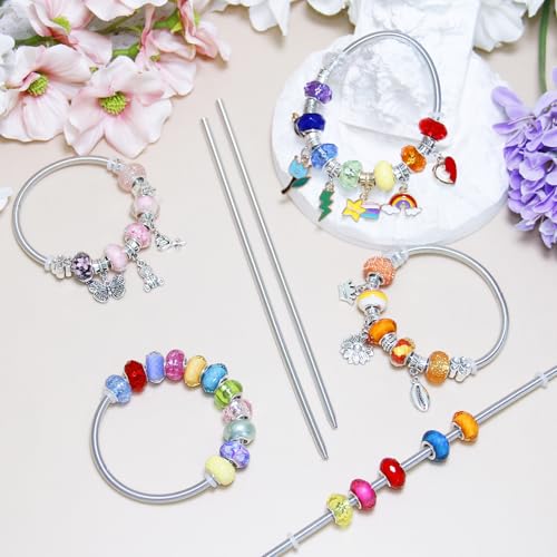 Exway 10 Pcs Expandable Charm Bangle Bracelets Sliver Charm Bracelets Adjustable Spring Bracelet Kit for Crafts DIY Women Jewelry Making - color: silver style C, size: 7.0in