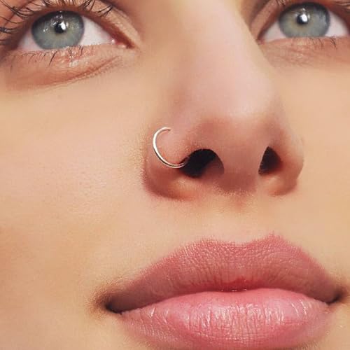 14K Gold Nose Ring Hoop for Women and Men, 6mm/7mm/8mm Tiny Gold Nose Ring Stud Piercing Jewelry, 20G 22G - color: 14k White Gold, size: 20 gauge(0.8mm)-8mm