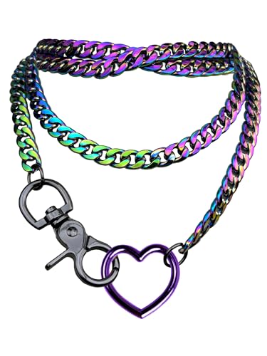 paloli Women's Slip Chain Rainbow Heart O-Ring Chunky Chain Necklace, Rays Cuban Long Layered Jewelry, Adjustable Lariat Y-Necklace Heart Loop Choker - color: H-Heart-Rainbow-Purple