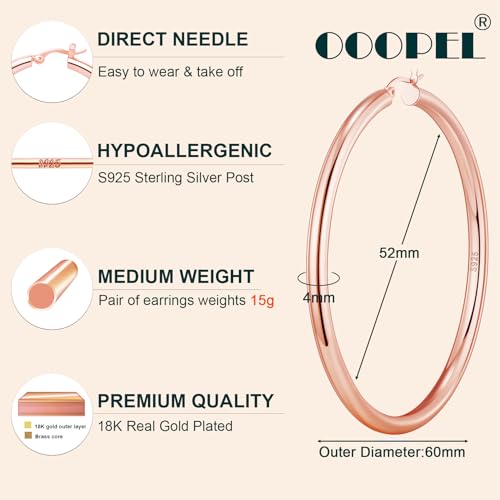 4mm Thick Gold Chunky Earrings Steling Silver Post Hoops Earrings For Women Hollow Tube Hoops Earrings Thick Gold Hoop Earrings Hypoallergenic Lightweight Gold Hoop Large Earrings 20/30/40/50/60MM - color: Rose gold,60mm