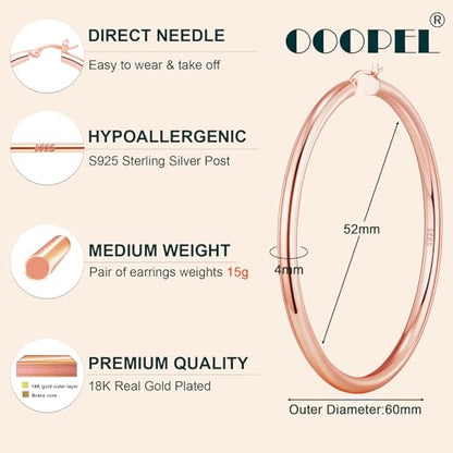 4mm Thick Gold Chunky Earrings Steling Silver Post Hoops Earrings For Women Hollow Tube Hoops Earrings Thick Gold Hoop Earrings Hypoallergenic Lightweight Gold Hoop Large Earrings 20/30/40/50/60MM - color: Rose gold,60mm