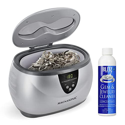 Magnasonic Ultrasonic Cleaner, 20oz Stainless Steel Tank, Digital Timer, 5 Cleaning Modes, w/ 8oz Gem & Jewelry Cleaner Concentrate Solution for All Jewelry, Eyeglasses, Watches, Dentures, Retainers - color: Silver, size: Ultrasonic Machine and Cleaning S