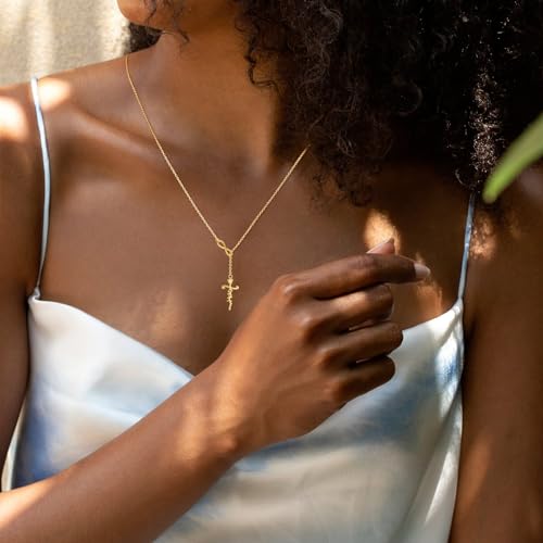 FANCIME White Gold Plated 925 Sterling Silver High Polished Infinity Cross Pendant Lariat Necklace Y Necklace Gift for Women, 18" - color: Faith-yellow