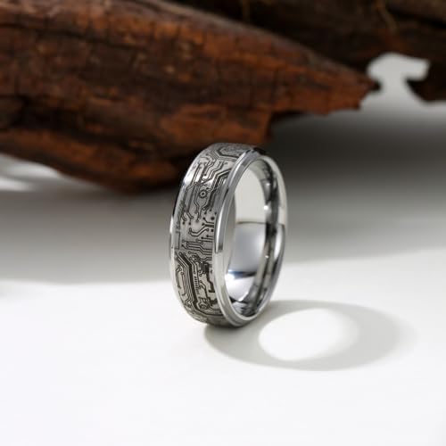 Tungsten Ring 8mm Computer Circuit Pattern Ring Black/Gold/Silver Tungsten Carbide Wedding Band for Men Comfort Fit - color: Silver
