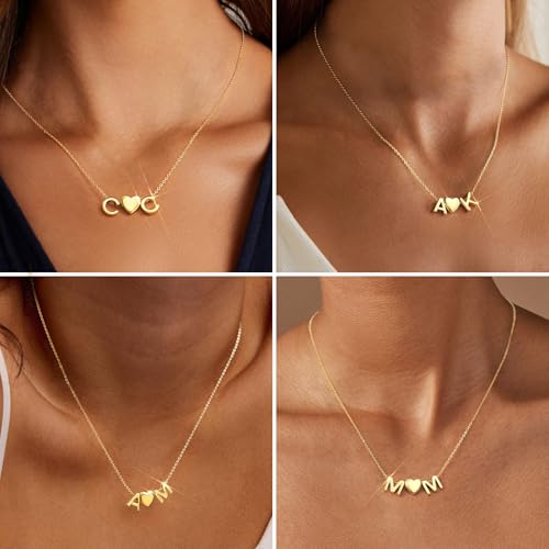 adoyi Initial Necklaces for Women 14k Gold Plated Layered bubble Letter Necklace Dainty Heart A-Z Pendant Necklace Initial Necklaces Stack Birthday Gifts for Women Jewelry - color: Gold-Heart, style: S+S