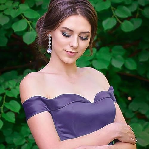 EleQueen Women's Wedding Crystal Teardrop Pear Shape 3 Inch Clip on Long Dangle Earrings for Bride Bridesmaid, Jewelry for Party Prom/Anniversary - color: Light Purple Silver-Tone