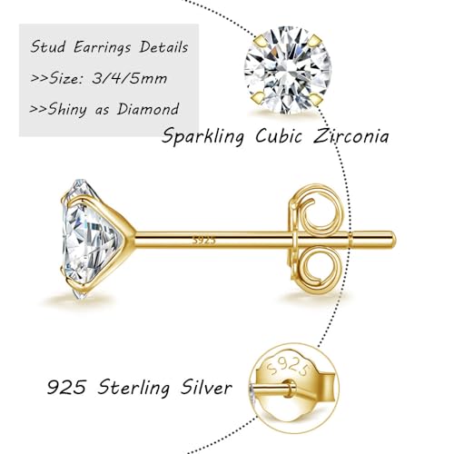 MASOP VOGU 3-5mm Sterling Silver Stud Earrings Set 14K White Gold Plated Hypoallergenic Tiny Round Cut CZ Cubic Zirconia Simulated Diamond Cartilage Studs for Women Men - color: D# 3Pairs Gold(3/4/5mm)