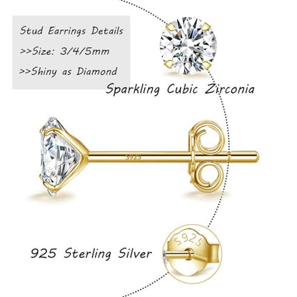 MASOP VOGU 3-5mm Sterling Silver Stud Earrings Set 14K White Gold Plated Hypoallergenic Tiny Round Cut CZ Cubic Zirconia Simulated Diamond Cartilage Studs for Women Men - color: D# 3Pairs Gold(3/4/5mm)
