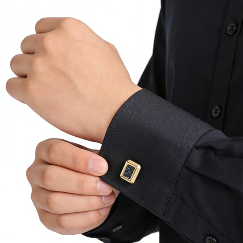 HZMAN Rectangle Carbon Fiber Cufflinks for Men, Stainless Steel High Polished Formal Cuff Links with Carbon Fiber Inlay, Dress Shirt Accessories for Wedding Business Party - style: Gold