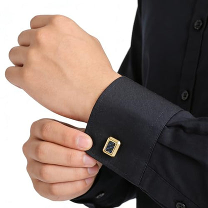 HZMAN Rectangle Carbon Fiber Cufflinks for Men, Stainless Steel High Polished Formal Cuff Links with Carbon Fiber Inlay, Dress Shirt Accessories for Wedding Business Party - style: Gold