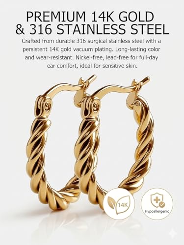 4 Pairs Gold Hoop Earrings for Women - 14K Gold Plated 316 Stainless Steel, Hypoallergenic Lightweight Huggie & Twisted Hoop Earring Set 20/22/24/25 mm