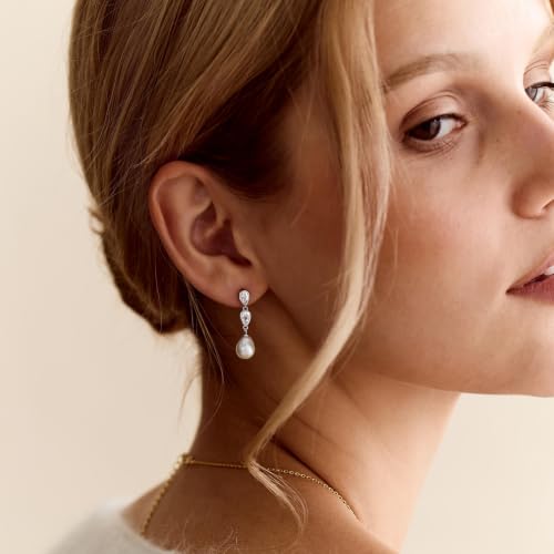 Pearl Earrings for Women, 14k Gold Plated Trendy Diamond Pearl Drop Earrings Hypoallergenic Dainty Bridal Gifts Wedding jewelry for Women - color: Silver-Pearl Style B