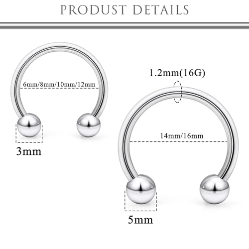 Hoeudjo 16G Septum Rings Stainless Steel Horseshoe Hoop Ring Lip Rings Hoop Smiley Piercing Jewelry for Women Men Diameter 6mm 8mm 10mm 12mm 14mm 16mm - color: silvertone