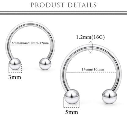 Hoeudjo 16G Septum Rings Stainless Steel Horseshoe Hoop Ring Lip Rings Hoop Smiley Piercing Jewelry for Women Men Diameter 6mm 8mm 10mm 12mm 14mm 16mm - color: silvertone